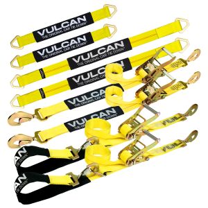 VULCAN Ultimate Axle Tie Down Kit - Classic Yellow - Includes (2) 22 Inch Axle Straps, (2) 36 Inch Axle Straps, (2) 96 Inch Snap Hook Ratchet Straps, and (2) 112 Inch Axle Tie Down Combination Straps