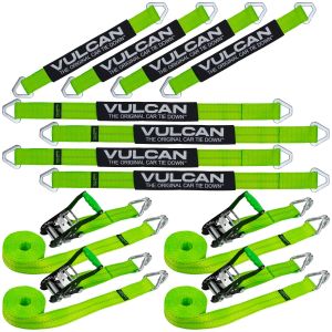 VULCAN Complete Axle Strap Tie Down Kit with Wire Hook Ratchet Straps - High-Viz - Includes (4) 22 Inch Axle Straps, (4) 36 Inch Axle Straps, and (4) 15' Wire J Hook Ratchet Straps