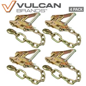 VULCAN Ratchet Buckle - 2 Inch Wide Handle - Chain Tail and Welded Grab Hook - 4 Pack - 3,300 Pound Safe Working Load