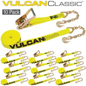 VULCAN Ratchet Strap with Chain Anchors - 2 Inch x 27 Foot, 10 Pack - Classic Yellow - 3,600 Pound Safe Working Load