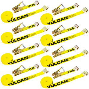 VULCAN Ratchet Strap with Flat Hooks - 2 Inch x 27 Foot - 8 Pack - Classic Yellow - 3,300 Pound Safe Working Load