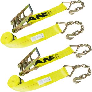 VULCAN Ratchet Strap with Chain Anchors - 4 Inch x 27 Foot - 2 Pack - Classic Yellow - 5,400 Pound Safe Working Load