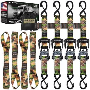 VULCAN Camouflage Ratchet Strap Heavy Duty 1.6” x 8’ Tie Down Kit - 3X Stronger Than Standard 1” Tie Downs - Includes (4) Rachets With Ergonomic Rubber Handles, (4) 8’ Straps With Heavy Duty Latching S-Hooks, & (4) Soft Loop Tie-Down Extensions