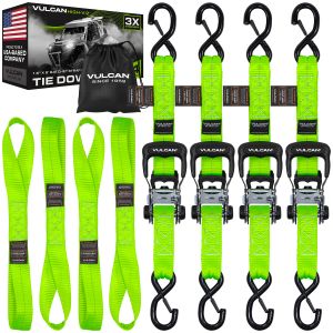 VULCAN Bright Green Ratchet Strap Heavy Duty 1.6” x 8’ Tie Down Kit - 3X Stronger Than Standard 1” Tie Downs - Includes (4) Rachets With Ergonomic Rubber Handles, (4) 8’ Straps With Heavy Duty Latching S-Hooks, & (4) Soft Loop Tie-Down Extensions