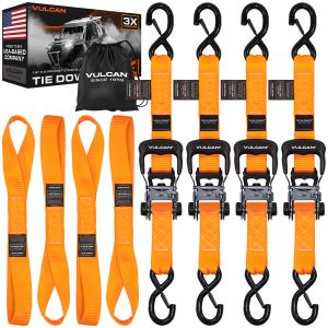 VULCAN Bright Orange Ratchet Strap Heavy Duty 1.6” x 8‘ Tie Down Kit - 3X Stronger Than Standard 1” Tie Downs - Includes (4) Rachets With Ergonomic Rubber Handles, (4) 8’ Straps With Heavy Duty Latching S-Hooks, & (4) Soft Loop Tie-Down Extensions