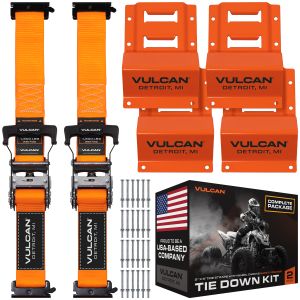 VULCAN ATV Tie Downs With Rubber Handle - 2 Inch x 8 Feet - Safety Orange - E Track - 1,521 Pound Safe Working Load