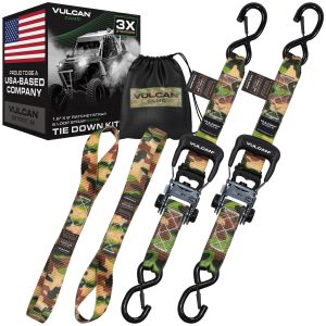 VULCAN Camouflage Ratchet Strap Heavy Duty 1.6” x 8’ Tie Down Kit - 3X Stronger Than Standard 1” Tie Downs - Includes (2) Rachets With Ergonomic Rubber Handles, (2) 8’ Straps With Heavy Duty Latching S-Hooks, & (2) Soft Loop Tie-Down Extensions