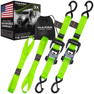 VULCAN Bright Green Ratchet Strap Heavy Duty 1.6” x 8’ Tie Down Kit - 3X Stronger Than Standard 1” Tie Downs - Includes (2) Rachets With Ergonomic Rubber Handles, (2) 8’ Straps With Heavy Duty Latching S-Hooks, & (2) Soft Loop Tie-Down Extensions