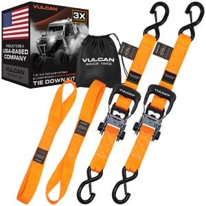 VULCAN Bright Orange Ratchet Strap Heavy Duty 1.6” x 8‘ Tie Down Kit - 3X Stronger Than Standard 1” Tie Downs - Includes (2) Rachets With Ergonomic Rubber Handles, (2) 8’ Straps With Heavy Duty Latching S-Hooks, & (2) Soft Loop Tie-Down Extensions