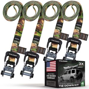 VULCAN Camouflage Heavy Duty Lashing Strap Tie Down Kit - 3X Stronger Than Standard 1” Tie Downs - Includes (4) Rachets With Ergonomic Rubber Handles, (2) 1.6” x 10’ Straps & (2) 1.6” x 20 Straps – Conforms To Any Shape Load – Ideal For Tree Stands