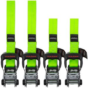 VULCAN Bright Green Heavy Duty Lashing Strap Tie Down Kit - 3X Stronger Than Standard 1” Tie Downs - Includes (4) Rachets With Ergonomic Rubber Handles, (2) 1.6” x 10’ Straps & (2) 1.6” x 20 Straps – Conforms To Any Shape Load – Ideal For Tree Stands