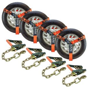 VULCAN Car Tie Down with Chain Anchors - Lasso Style - 2 Inch x 96 Inch - 4 Pack - PROSeries - 3,300 Pound Safe Working Load