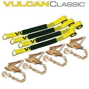 VULCAN Car Tie Down with Chain Anchors - Lasso Style - 2 Inch x 96 Inch - 4 Pack - Classic Yellow - 3,300 Pound Safe Working Load