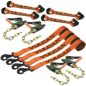 VULCAN 8-Point Roll Back Vehicle Tie Down Kit with Snap Hook on Strap Ends and Chain Tail on Ratchet Ends - Set of 4 - PROSeries 