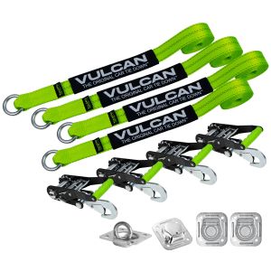 VULCAN Exotic Car Rim Tie Down Set with Flush Mount Pan Fittings - 2 Inch x 144 Inch - 4 Straps - High-Viz - 3,300 Pound Safe Working Load