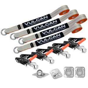 VULCAN Exotic Car Rim Tie Down Set with Flush Mount Pan Fittings - 2 Inch x 144 Inch - 4 Straps - Silver Series - 3,300 Pound Safe Working Load