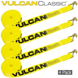 VULCAN Winch Strap with Wire Hook - 2 Inch x 30 Foot - 4 Pack - Classic Yellow - 3,300 Pound Safe Working Load